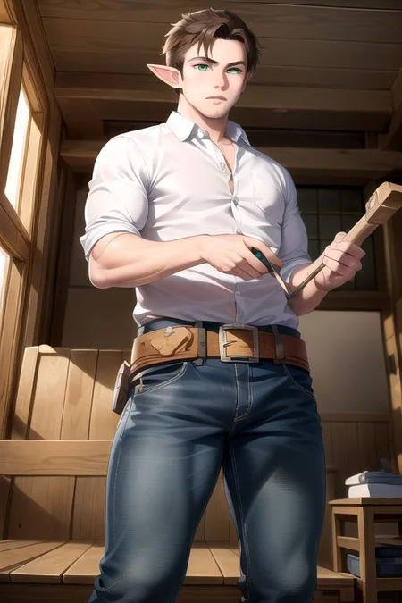 (masterpiece, intricate:1.3), (best quality, hires textures, high detail:1.2), (4k) 1boy, male, man, elf ears, medium hair, brown hair, green eyes, jeans, flannel shirt, toolbelt, holding hammer, making a wooden sofa set,