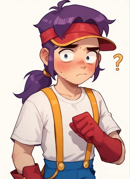 score_9, score_8_up, score_7_up, <lora:bsfang:1> , bsfng, ,1boy, purple hair, low ponytail, white shirt, red visor cap, red gloves, suspenders, blue pants, , <lora:PossumMachine:1>posmach , confused, blush, nervous, looking at viewer, solo , ???