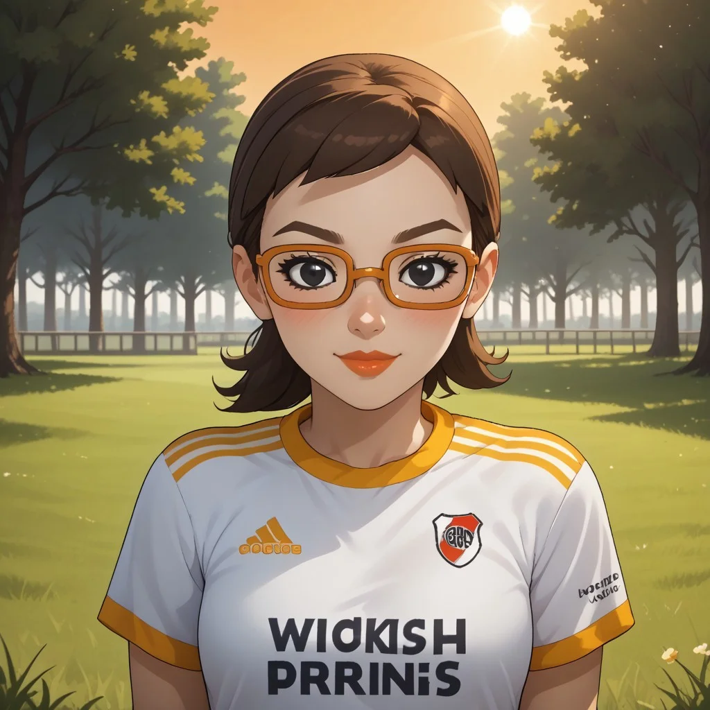 score_9, score_8, BREAK, solo, wii, mii, wii sports, 1girl, female mii, brown hair, orange glasses, black eyes, brown eyebrows, blush, lips, RiverPlate, striped shirt, striped, shirt, white shirt, short sleeves, clothes writing, sportswear, soccer uniform, white pants, cute, shoes, nintendo mii, modern_mii, classic_mii, breasts, Asami_(Wii_Sports), sexy pose, self portrait, smile, outdoors, sunlight, shadows, evening lighting, natural lighting, forest, trees, grass, orange sky, sunset