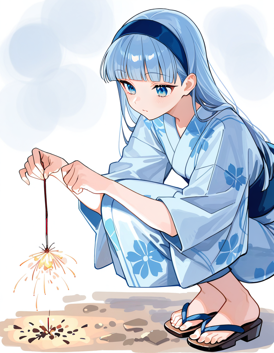 score_7_up, anime, solo, 1girl, one girl, barasui, 
<lora:AEUmiIlx:0.8>, ryuuzaki umi, 
AEUmiDef, blue eyes, blue hair, blunt bangs, long hair, blue hairband, 
<lora:temochihanabi:1>, temochihanabi, 
sparkler, squatting, sandals, yukata, blue kimono, 
(masterpiece:1.3), best quality, high resolution, unity 8k wallpaper, extremely detailed CG, 8K, (watercolor \(medium\), muted color, sketch:1.1), perfect anatomy, highly finished, masterpiece, best quality, high quality, amazing quality, great quality, very aesthetic, ultra detailed, highres, absurdres, highly detailed, highly detailed background,