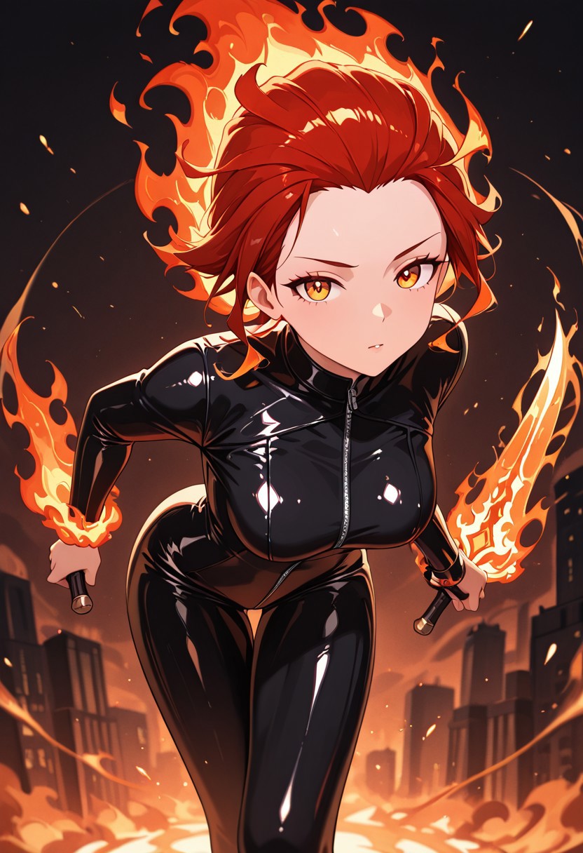 masterpiece, best quality, good quality, very aesthetic, absurdres, newest, 8K, depth of field,  in the style of cknc, artist:moriimee, in the style of cksc, 
1girl, short red hair, slicked back, amber eyes, medium breasts, perky, leather catsuit, fiery dagger, glossy skin, sneaking forward, looking at viewer, from side
BREAK
burning city, smoke rising, embers falling
BREAK
dynamic light, red tones, high contrast, fiery glow, rich details, tense atmosphere