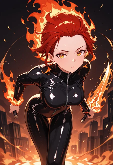 masterpiece, best quality, good quality, very aesthetic, absurdres, newest, 8K, depth of field, in the style of cknc, artist:moriimee, in the style of cksc,
1girl, short red hair, slicked back, amber eyes, medium breasts, perky, leather catsuit, fiery dagger, glossy skin, sneaking forward, looking at viewer, from side
BREAK
burning city, smoke rising, embers falling
BREAK
dynamic light, red tones, high contrast, fiery glow, rich details, tense atmosphere