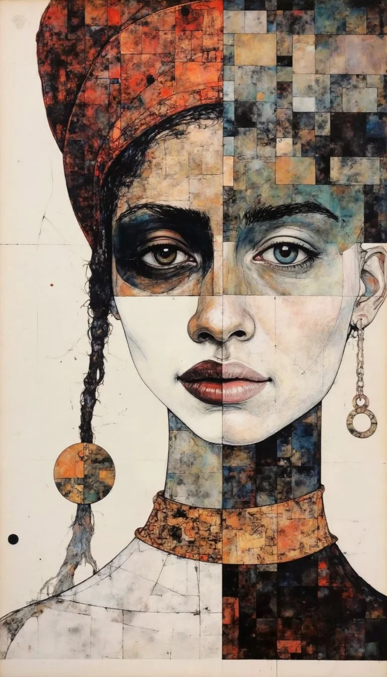 A digital painting with a vibrant, impressionistic style, mixed-media artwork featuring a composite portrait of two individuals. The left side of the portrait depicts a person with a dark complexion, wearing a high, red hat with a wide brim, and a dark, textured scarf around the neck. The person’s eyes are dark and expressive, and their lips are full and slightly parted. The right side of the portrait features a lighter-skinned person with a more angular face, wearing a dark, high-collared top with a textured, earthy brown texture. The person’s eyes are almond-shaped and wide, with a serene expression. Both individuals have similar facial features, including high cheekbones and prominent eyebrows, suggesting a sense of connection or duality.
The background of the portrait is a blend of abstract, earthy tones including browns, greens, and grays, with a mix of brush strokes and textured paint. There is an oval, abstract shape in the lower left corner, adding a sense of depth and complexity. The overall style of the artwork is modern and abstract, blending elements of realism with surrealism, creating a visually striking and thought-provoking composition. The artwork's medium appears to be a combination of traditional painting techniques with digital manipulation.