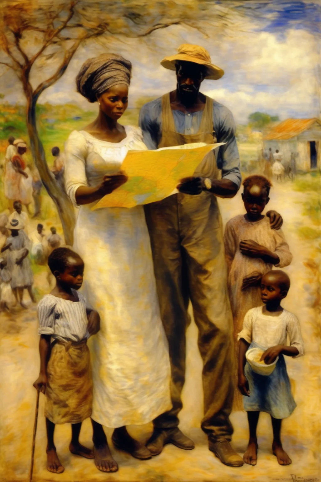<lora:Theodore Robinson Style:1>Theodore Robinson Style - African man, woman, and children. The man looks at a map. by Renoir.