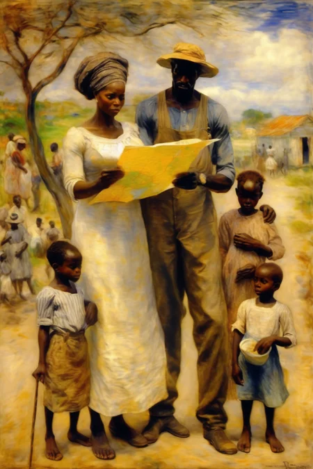 <lora:Theodore Robinson Style:1>Theodore Robinson Style - African man, woman, and children. The man looks at a map. by Renoir.