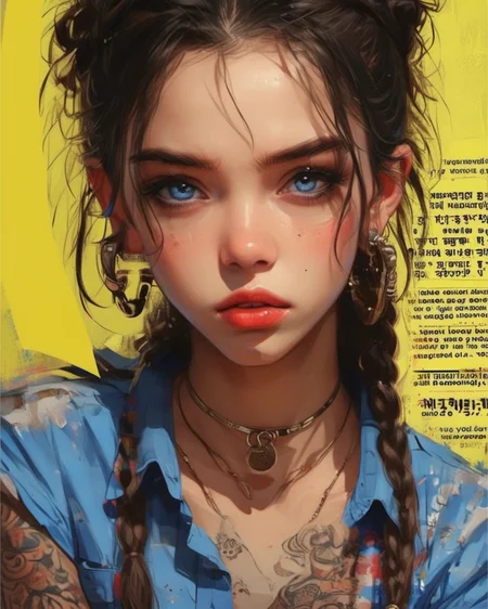 (poster art:1.5),
(dynamic angle, dutch angle:1.2, depth of field:1.3), (intricate details),
<lora:Poster_XL:1>,
1girl, black eyes, black hair, blue eyes, braid, brown background, close-up, collared shirt, dark-skinned female, earrings, lips, looking at viewer, midriff, necklace, parted lips, portrait, red eyes, ring, round eyewear, solo, tattoo, yellow background