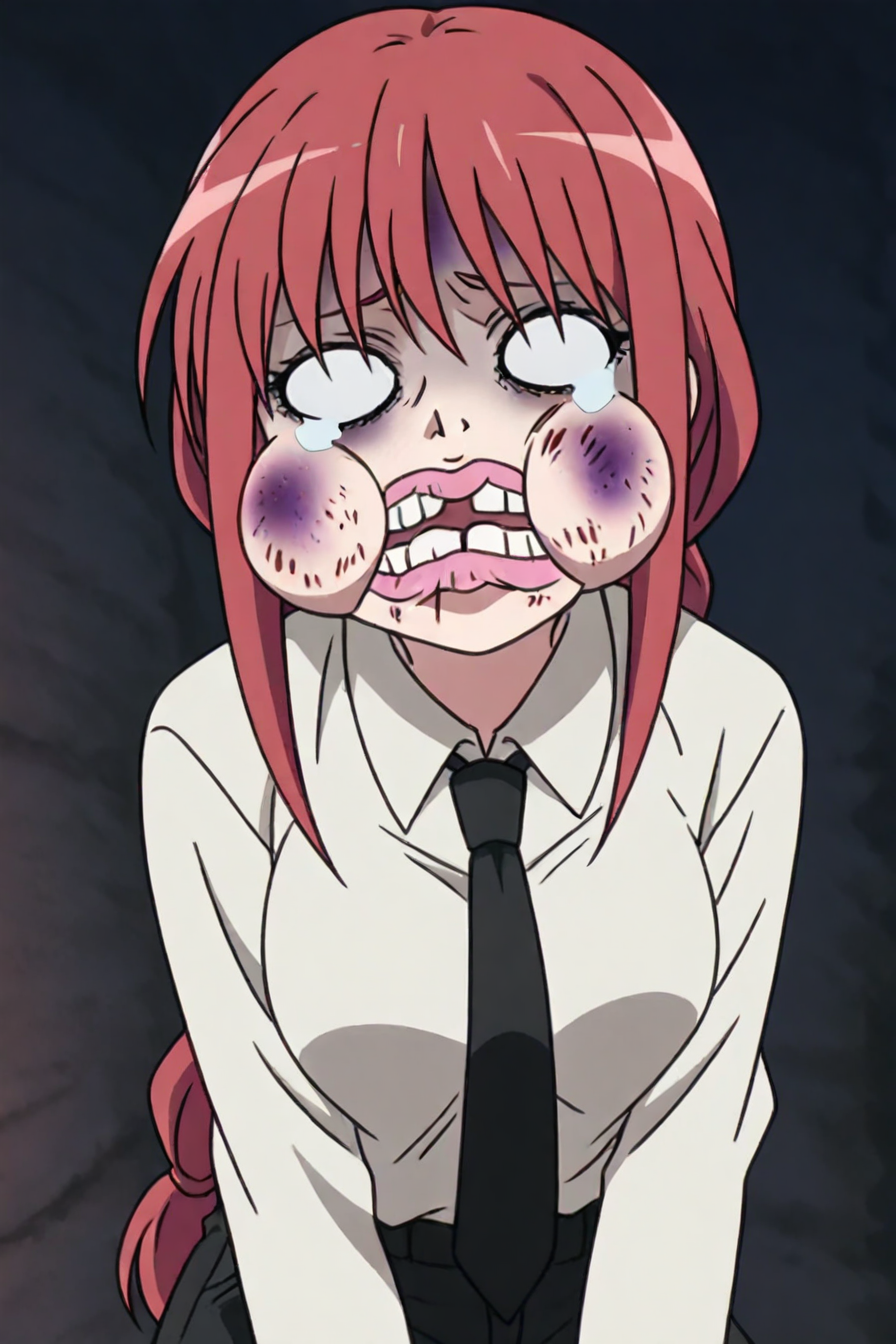 <lora:mak1ma0XL_Pony_v1:0.6> , mak1ma0,  makima, red hair, long hair,  braid, white collared shirt,black necktie, black pants, 1girl, solo, alone, <lora:beat_up_face_illustriousXL:0.8>, blank eyes, circular eyes, tears, swollen lips, bruise, swollen eyes, missing tooth, swollen cheeks, masterpiece, highres