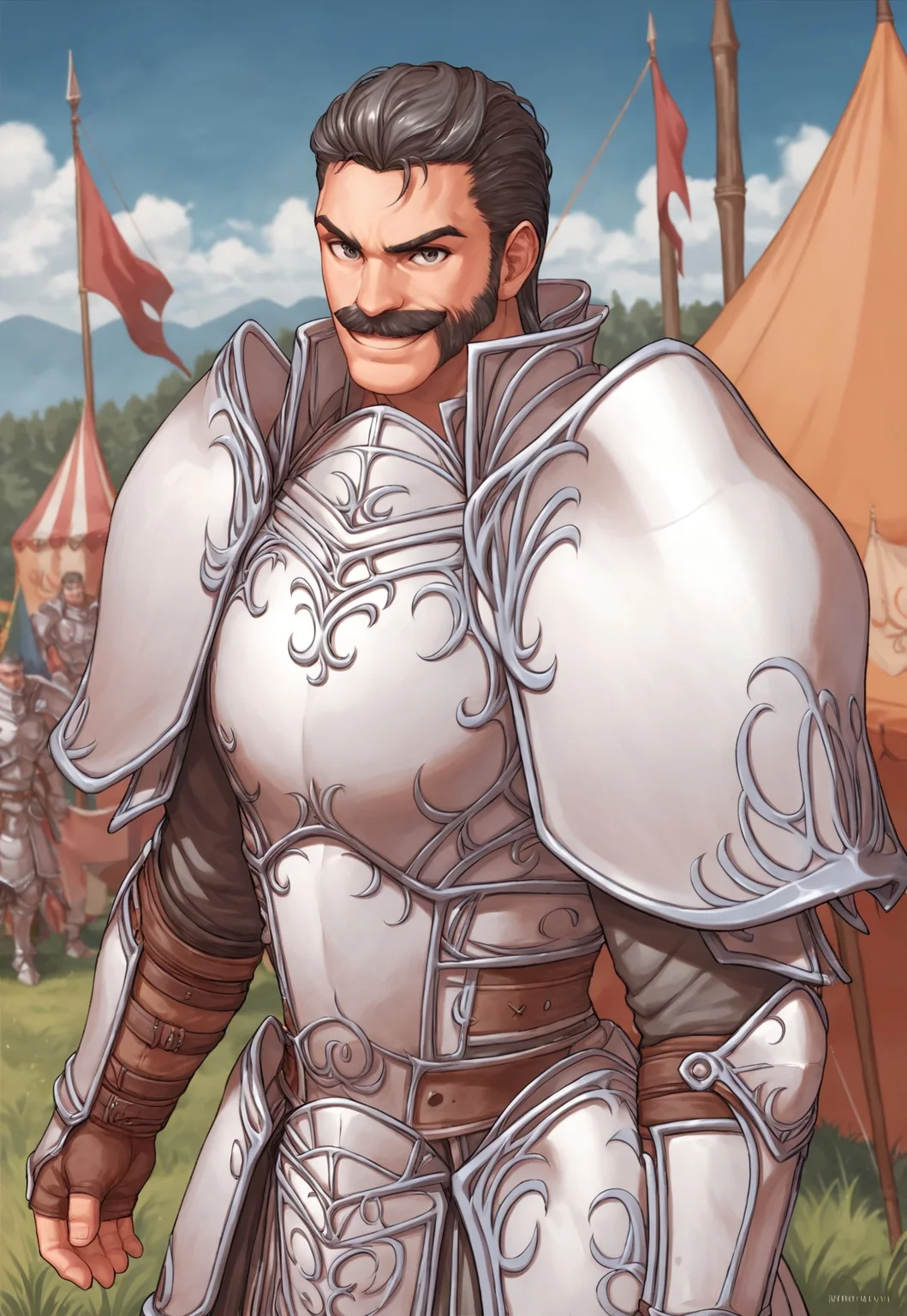 score_9, score_8_up, Tauroneo, pauldrons, grey hair, grey eyes, mustache, armor, facial hair, blue sky, medieval fair, colorful tents, outdoor, looking at viewer, smile, portrait, dynamic pose, muscular, pennon flags,