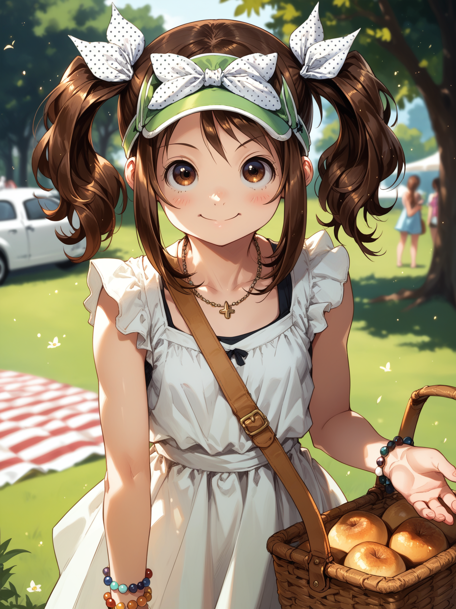 (cowboy shot, solo focus:1.2) <lora:happy_tentacle-haruka-v0.1-000032:0.9>, ht_haruka, brown eyes, brown hair, polka dot ribbon, visor cap, polka dot bow, bracelet (petite:1.2), <lora:Shed_The_Skin's StS_age_slider_v1_initial_release:-1> ( :1.1) jewelry, necklace, earrings, bracelet ( , , ( :1.2) , smile , :1.1) , outdoors, vegetation, ( :1.1), , (day :0.6), , (:0.5), , (european architecture :0.9), picnic, (picnic basket:0.8), (sundress:1.2) ( :0.8) score_9, score_8_up, score_7_up, score_6_up, score_5_up, score_4_up, ( [(realistic, photorealistic:1.3):(realistic:1.2):16] [(3d:1.2)::14] :1) <lora:LUUNA's Lunas-NijiJourney-SDXL-B2:0.35>, nijijourney <lora:prgfrg23's Counterfeit-V3.0 Style SDXL_LoRA_Pony Diffusion V6 XL:0.5> <lora:mfcg's mfcgXL:0.12> <lora:reweik's gyokai(himehajime)_PonyXL_style_v01:0.14>