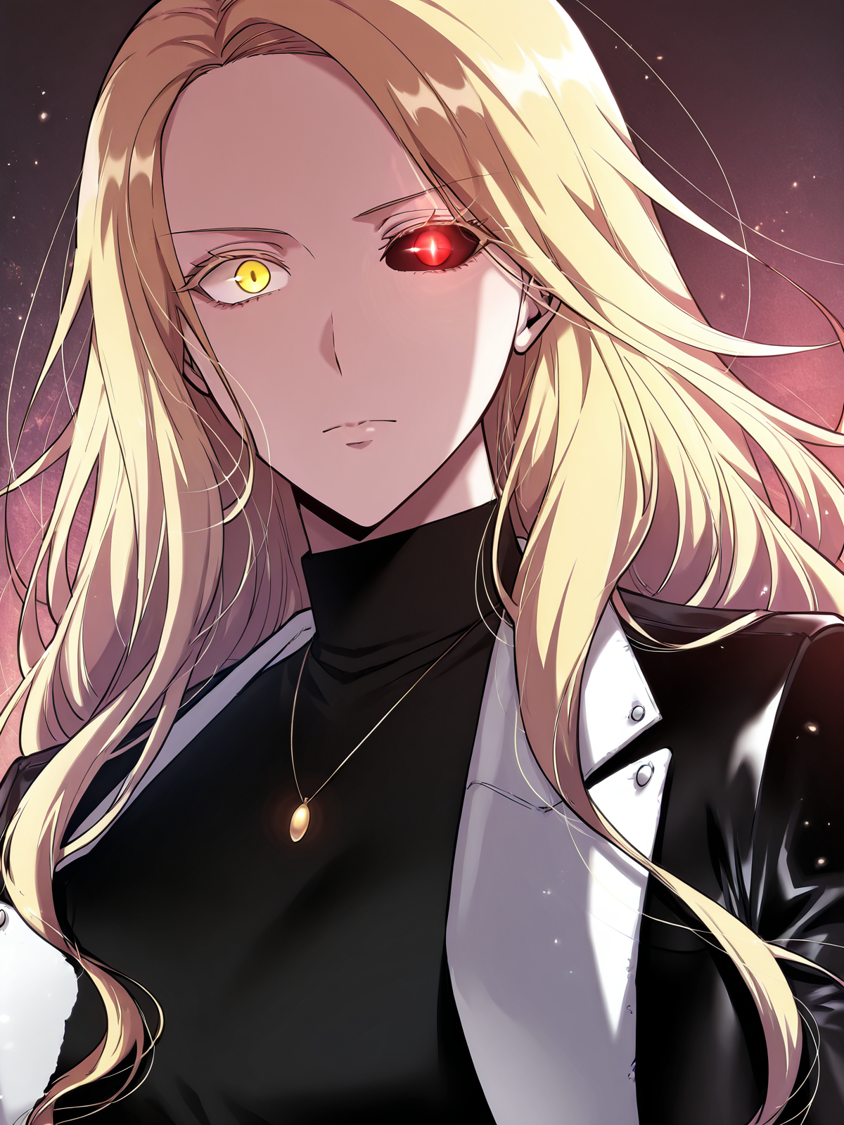 <lora:Omniscient_Readers_Viewpoint__Anna_Croft (1):1>
1girl, solo, long hair, wavy hair, blonde hair, side part, heterochromia, yellow right eye, red left eye, black sclera (left eye),
black turtleneck, black jacket, fitted jacket, long sleeve, modern outfit, blue jeans, belt, sneakers, necklace, pendant,
score_9, score_8_up, score_7_up, score_6_up, source_anime, rating_explicit, masterpiece, best quality, intricate details, gothic fantasy, upper body portrait, dramatic pose, confident gaze, cinematic lighting, clean background, glowing magical particles, detailed face, vibrant colors, looking at viewer, closed mouth,