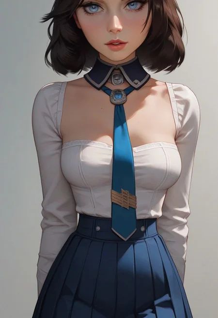 masterpiece,best quality, highly detailed, score_9, score_8_up, score_7_up, score_6_up, score_5_up, score_4_up, Expressiveh, Elizabeth from Bioshock Infinite, 18 year old girl, white blouse with blue fabric tie, long navy blue pleated skirt, cute innocent girl, teardrop breasts, petite, slim waist, wide hips, slender body, medium perky round breasts, close up shot, arms back, breast focus, eyes out of frame