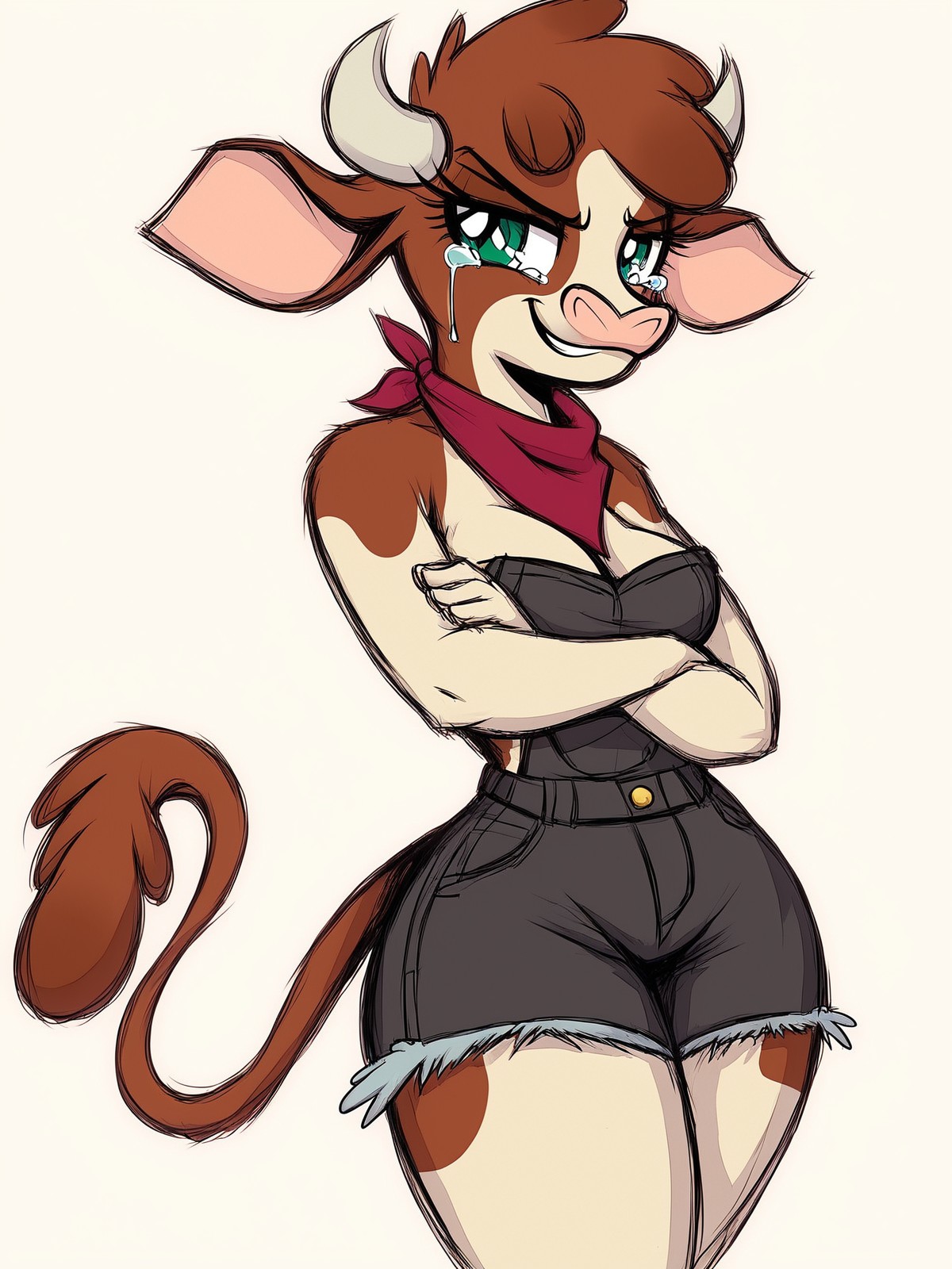 score_9,score_8,source_furry,
<solo:1.5>,
<1girl:1.5>,
arizona_fherds,
cow_girl,
1girl,
furry,
furry female,
solo,
breasts,
green eyes,
horns,
tail,
smile,
medium breasts,
brown hair,
animal ears,
snout,
tonned,
tonned body,
cow horns,
looking at viewer,
grin,
cow tail,
cow ears,
thick thighs,
teeth,
anthro,
cow girl,
furrification,
<simple background:1.5>,
<white background:1.5>,
<lora:Arizona_Fherds_Pony_SDXL:1> arizona_fherds,  
<lora:90s4n1m3XLP:1.25> 90s4n1m3, sad,
sadness,
tears,
closed mouth,