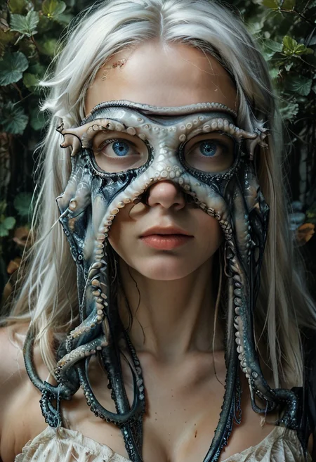 score_9, score_8_up, score_7_up, rating_safe, concept art, semi-realistic, 1girl, solo.
Young beautiful face, fit body, 
Long white hair, Blue eyes. 
(Big breast:1.5), (Round breast:1.5).
OctopusMask, Tentacle eye mask. 
(Long tentacle:1.2)