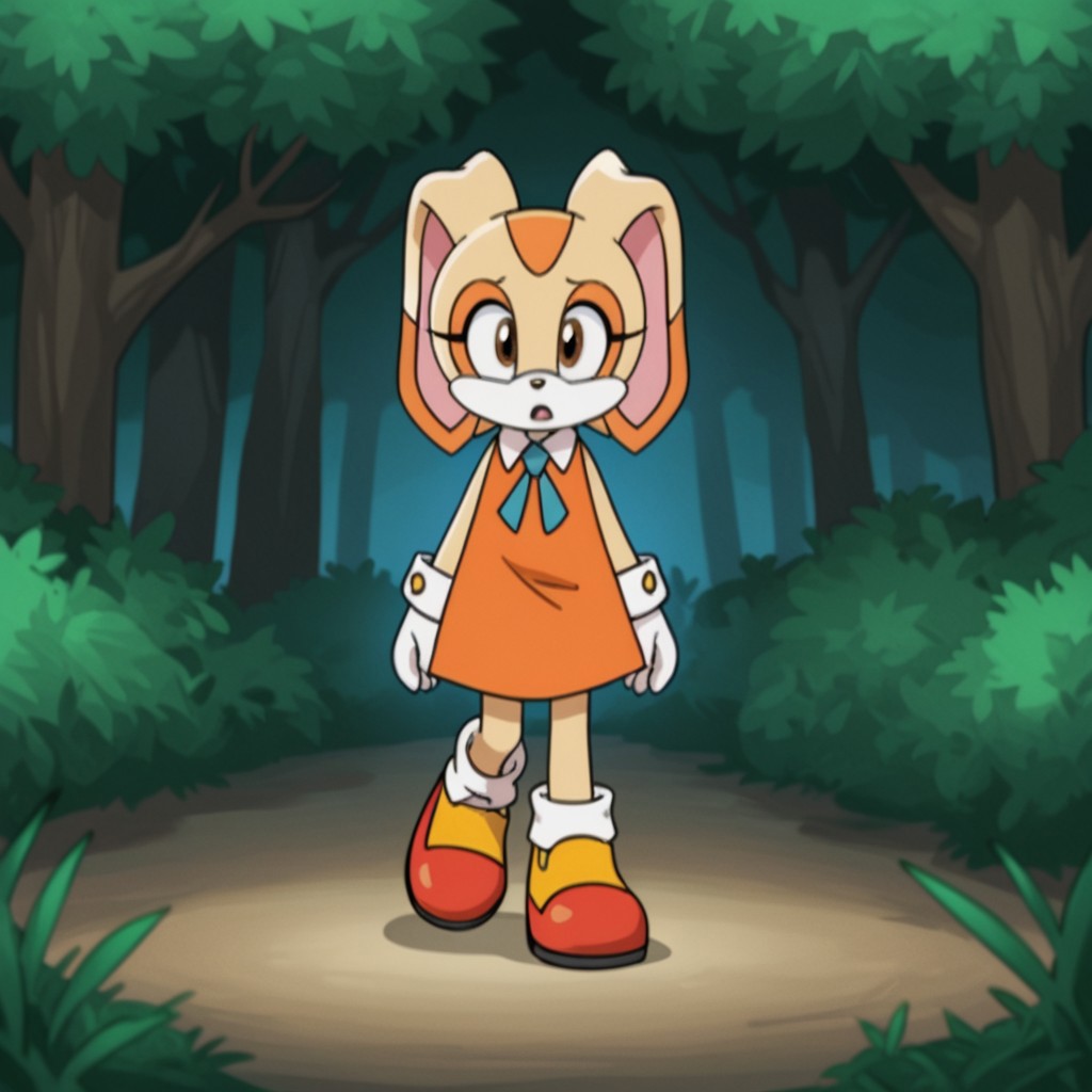 score_9, score_8_up, score_7_up, score_6_up, score_5_up, score_4_up, source_furry, CreamSonX, anthro, female, rabbit, tan fur, brown eyes, orange dress, blue cravat, orange shoes, sleeveless dress, standing, in forest, solo, 1girl