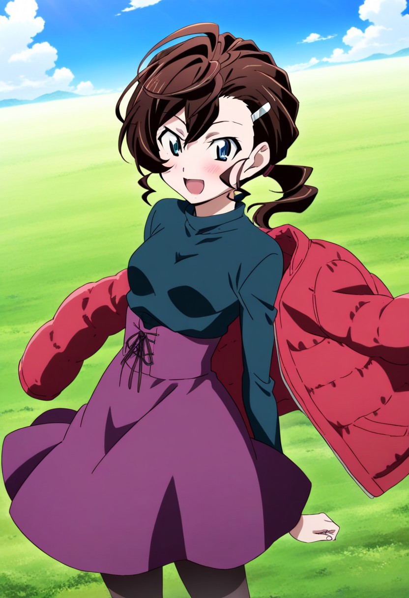 1girl,Inuyama Mana,GeGeGe no Kitarou,year 2019,solo,blue sky,Spring Field,cowboy shot,(throw away unworn jacket in the air:1.5),crimson (Down jacket:1.4),(right Placket jacket:1.4),blissful,(lavenderblush skirt:1.5),(high-waist:1.5) skirt,(Lace-up:1.2) skirt,blue eyes,1 hair tie,Ahoge,(wavy hair),(Brown:1.5) medium hair,swept bangs and (hair pulled back:1.2),(low ponytail),hair between eyes,(single hair intake:1.5),sideburns,(Loose high-neck:1.5) topwear,(black topwear),pantyhose,1 silver zipper,1 silver hairpin,masterpiece, best quality, very aesthetic, absurdres,perfect