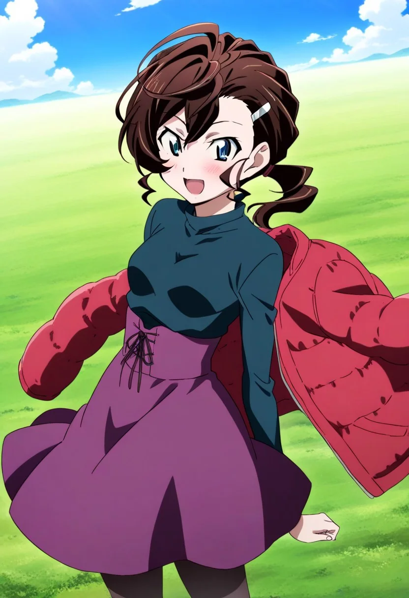 1girl,Inuyama Mana,GeGeGe no Kitarou,year 2019,solo,blue sky,Spring Field,cowboy shot,(throw away unworn jacket in the air:1.5),crimson (Down jacket:1.4),(right Placket jacket:1.4),blissful,(lavenderblush skirt:1.5),(high-waist:1.5) skirt,(Lace-up:1.2) skirt,blue eyes,1 hair tie,Ahoge,(wavy hair),(Brown:1.5) medium hair,swept bangs and (hair pulled back:1.2),(low ponytail),hair between eyes,(single hair intake:1.5),sideburns,(Loose high-neck:1.5) topwear,(black topwear),pantyhose,1 silver zipper,1 silver hairpin,masterpiece, best quality, very aesthetic, absurdres,perfect