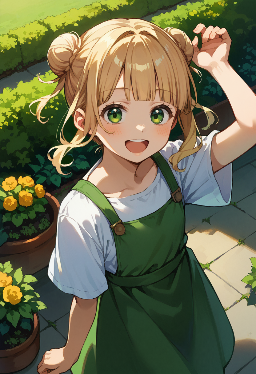 score_9, score_8_up, source_anime, 1girl, solo, RocoKaburaki, green eyes, blonde hair, short hair, double bun, sidelocks, blunt bangs, happy, blush, arm up, from above, open mouth, garden, outdoors, wide shot, <lora:ChamRocoKaburakiPonyXL:1>