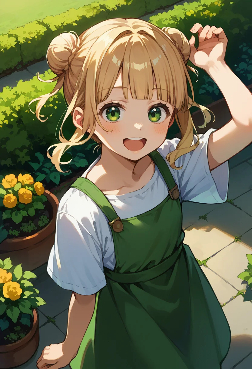 score_9, score_8_up, source_anime, 1girl, solo, RocoKaburaki, green eyes, blonde hair, short hair, double bun, sidelocks, blunt bangs, happy, blush, arm up, from above, open mouth, garden, outdoors, wide shot, <lora:ChamRocoKaburakiPonyXL:1>