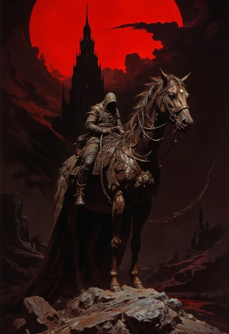 This is a high-quality painting, showcasing a dark, fantastical scene. A hooded figure in tattered robes rides a gargantuan skeletal, abomination monster horse atop a jagged rock. The background features a towering, gothic spire against a dark red sky with scattered clouds. The image has a very high subjective aesthetic quality, with intricate details and a rich color palette. The lighting is dramatic enhancing the enigmatic scene and the eerie, in mysterious haze drenched atmosphere. Finest details, ultimate detail level, masterpiece, highly artistic, best composition.