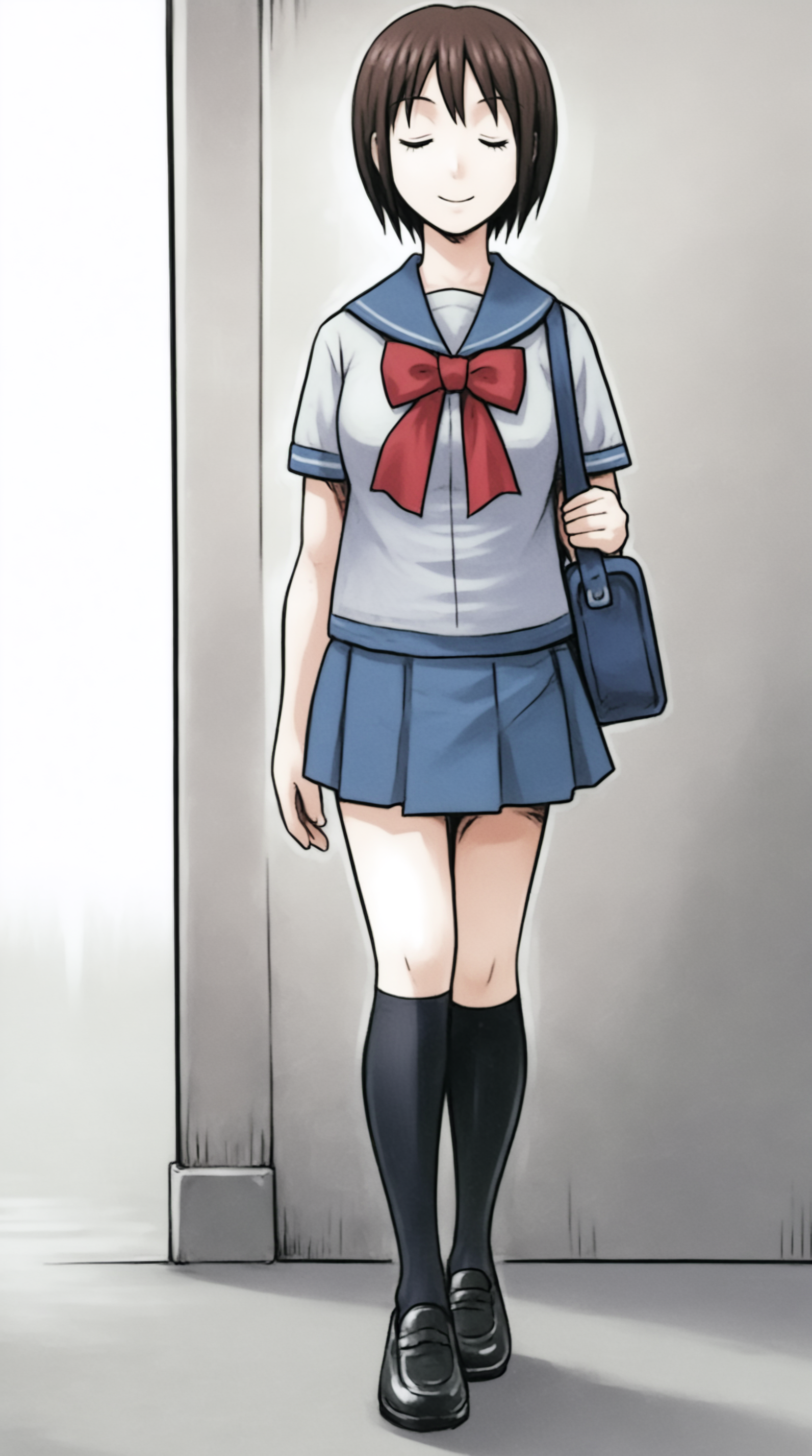 score_9, score_8_up, score_7_up, best background, detailed background, 4k, upscale, anime_source, greyscale, monochrome,   Bucho, solo, smile, skirt, bow, school uniform, closed eyes, shoes, socks, serafuku, bag, kneehighs  <lora:JN_Bucho_Pony:0.8>