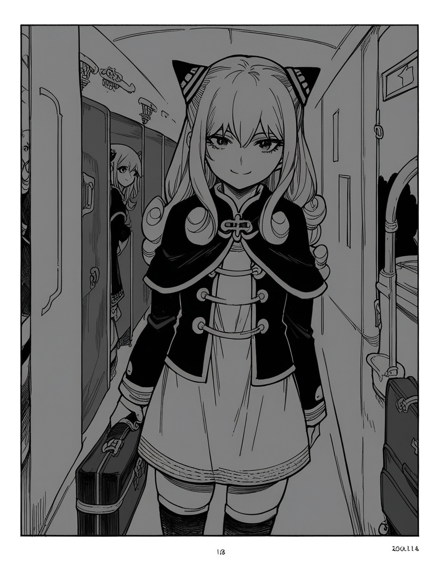 score_9, score_8_up, score_7_up, source_anime, <lora:ashe-talton-manga-ponyxl-lora-nochekaiser:1>, rengoku ashe, long hair, greyscale, monochrome,, thighhighs, long sleeves, capelet, cape, dress, white dress,, airport, waiting area, suitcase, flight delayed, passengers, reading book, smile, looking at viewer, solo,, cowboy shot, dutch angle