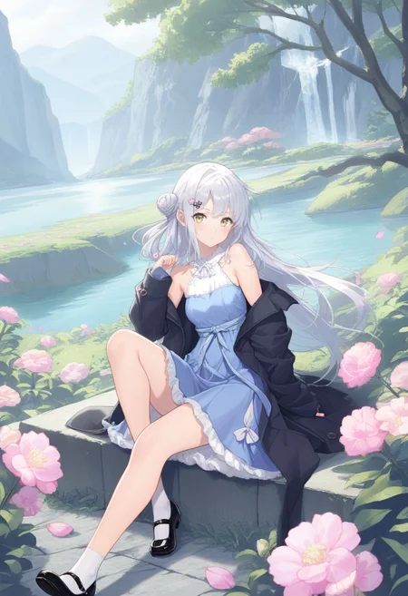 masterpiece,best quality,amazing quality,very aesthetic,absurdres,newest,scenery,<lora:yagi yui_Mahjong Soul_ilxl_v1:1>,yagi yui,1girl,solo,white hair,long hair,yellow eyes,blue dress,pink flower,sitting,mary janes,black coat,looking at viewer,bare shoulders,hair bun, hair ornament,