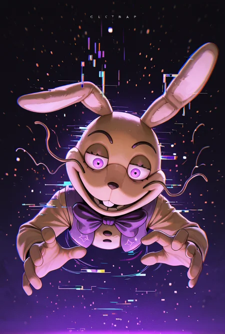 <lora:glitchtrap-04:1> glitchtrap, smile, purple bowtie, purple vest, , furry, 1boy, rabbit ears, dynamic pose, glitch effects, glitch particles, masterpiece, best quality, amazing quality, very aesthetic, absurdres, newest,