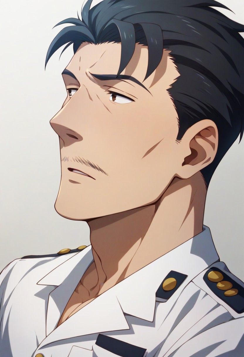 score_9, score_8_up, score_7_up, score_6_up, perfect anatomy, perfect proportions, best quality, masterpiece, high_resolution, high quality, aesthetic, absurdres, (male focus), solo male, Ichiro Satomi, black hair, short hair, black eyes, facial hair, thin mustache, military uniform, white shirt, short sleeves, rank slides, khaki pants, adult, mature, masculine, manly, handsome, charming, alluring, (portrait, headshot, upper body, from side), dutch angle, informal individual, laid back individual
