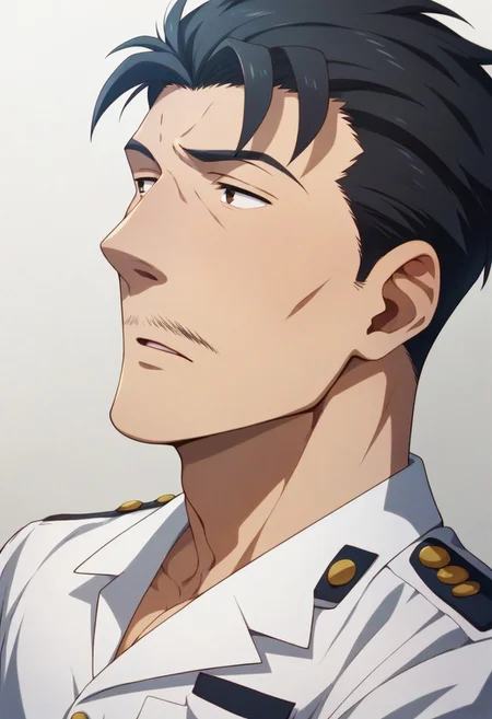 score_9, score_8_up, score_7_up, score_6_up, perfect anatomy, perfect proportions, best quality, masterpiece, high_resolution, high quality, aesthetic, absurdres, (male focus), solo male, Ichiro Satomi, black hair, short hair, black eyes, facial hair, thin mustache, military uniform, white shirt, short sleeves, rank slides, khaki pants, adult, mature, masculine, manly, handsome, charming, alluring, (portrait, headshot, upper body, from side), dutch angle, informal individual, laid back individual