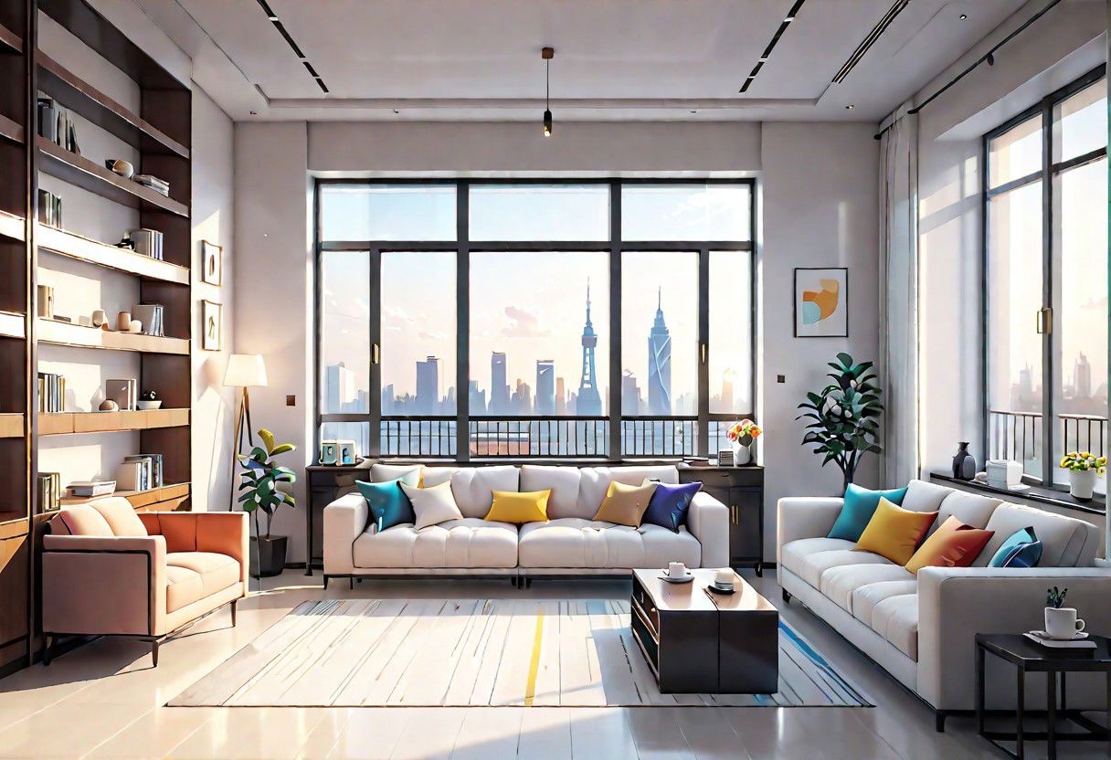 ((front view)), Shallow scene, ((animation style)), modern-style interior, with white walls, (large windows), a  study, Sofa, coffee table, bookcase, single wall, 
warm light morning sun, (City high-rise building scenery)
