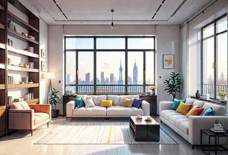 ((front view)), Shallow scene, ((animation style)), modern-style interior, with white walls, (large windows), a  study, Sofa, coffee table, bookcase, single wall, 
warm light morning sun, (City high-rise building scenery)