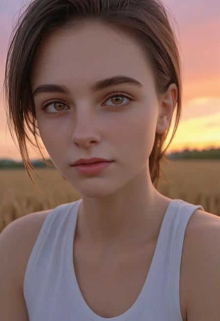 30yo american woman in a wheat field
Small eyes. Brown eyes.
Wearing white tank top. no makeup. Clear skin.  realistic skin style
Long dark black slick back hair. No makeup. Dusk, Street light. Looking at camera POV. Slight smile, tilting head.. Tilt head. Hands in head, face, lips.
Medium Close Up shot. Bokeh. Heavy Bokeh light. Dawn. yellow, red, purple orange. sky.