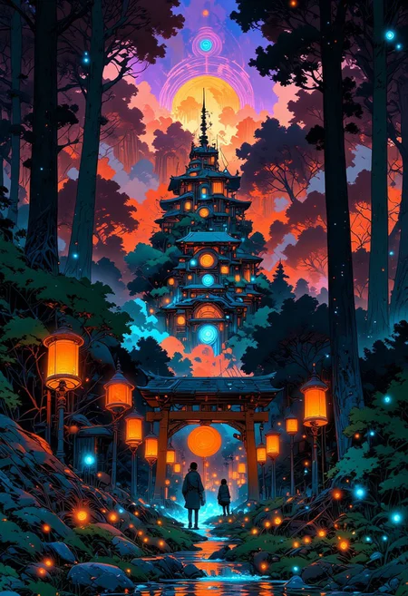 A mesmerizing scene of a mystical Japanese shrine pathway at twilight, nestled deep within an ancient forest. Glowing paper lanterns, rich in warm golden light, line the pathway, their reflections shimmering in a serene water stream. A grand torii gate stands tall, framing two travelers who pause in awe, silhouetted against a breathtaking sky painted in hues of deep purples, fiery oranges, and soft pinks. Towering cedar trees enclose the sacred path, their dark silhouettes contrasting beautifully with the sky's ethereal glow. In the background, a majestic temple perched high on a mist-covered mountain radiates a soft, enchanted light, exuding an aura of wisdom and mystery. Fireflies dance gently in the air, adding to the dreamlike atmosphere. The scene is alive with vibrant, harmonious colors, creating a balance of warmth, mystery, and adventure in a breathtaking fantasy setting. 3pic_vist4, anime_martz, Niji Stan Katayama Style