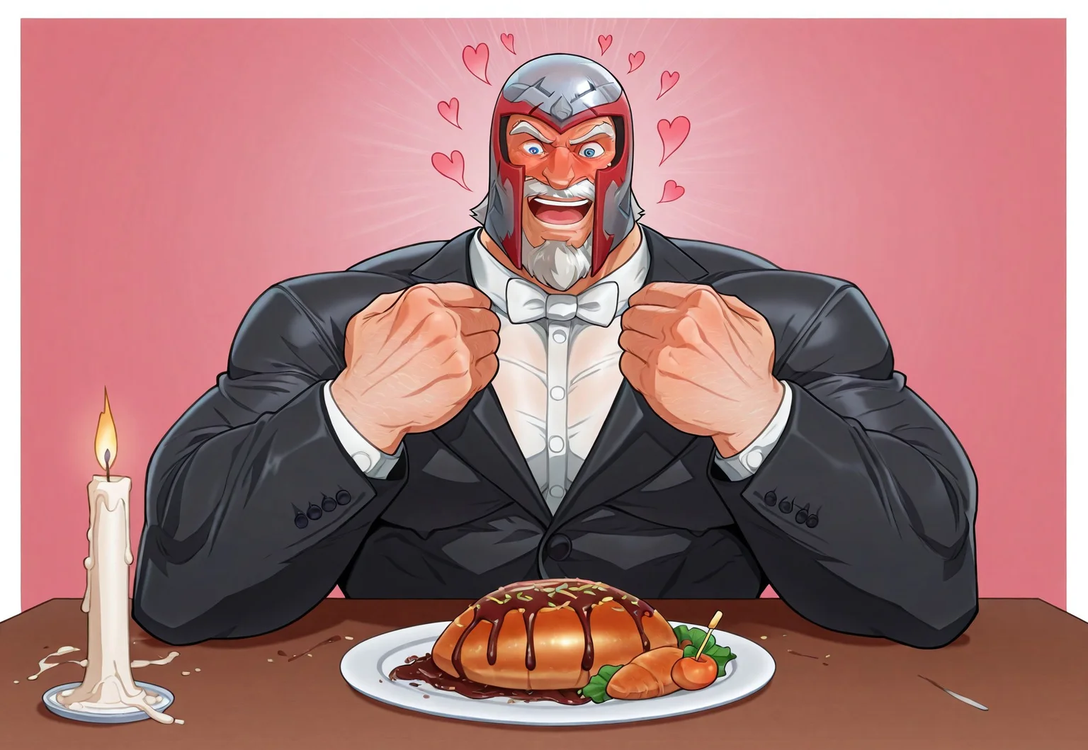masterpiece, best quality, newest, absurdres, highres, Diz_D00dz, white borders around characters, soft light, pink colour background, hearts, table, food on table, candle on table, BREAK bara, muscular, 1man, male focus, male, male focus, 1boy, MagnetoMR, mature man, wrinkles, blue eyes, gray hair, facial hair, gray beard, mustache, frowning eyebrows, metal helmet, {{beefy}}, {{muscular}}, {{large}}, blushing, open mouth, speaking, smiling, happy face, sits, sits at the table, looking at the viewer, formal wear, white shirt, jacket, amazed look,