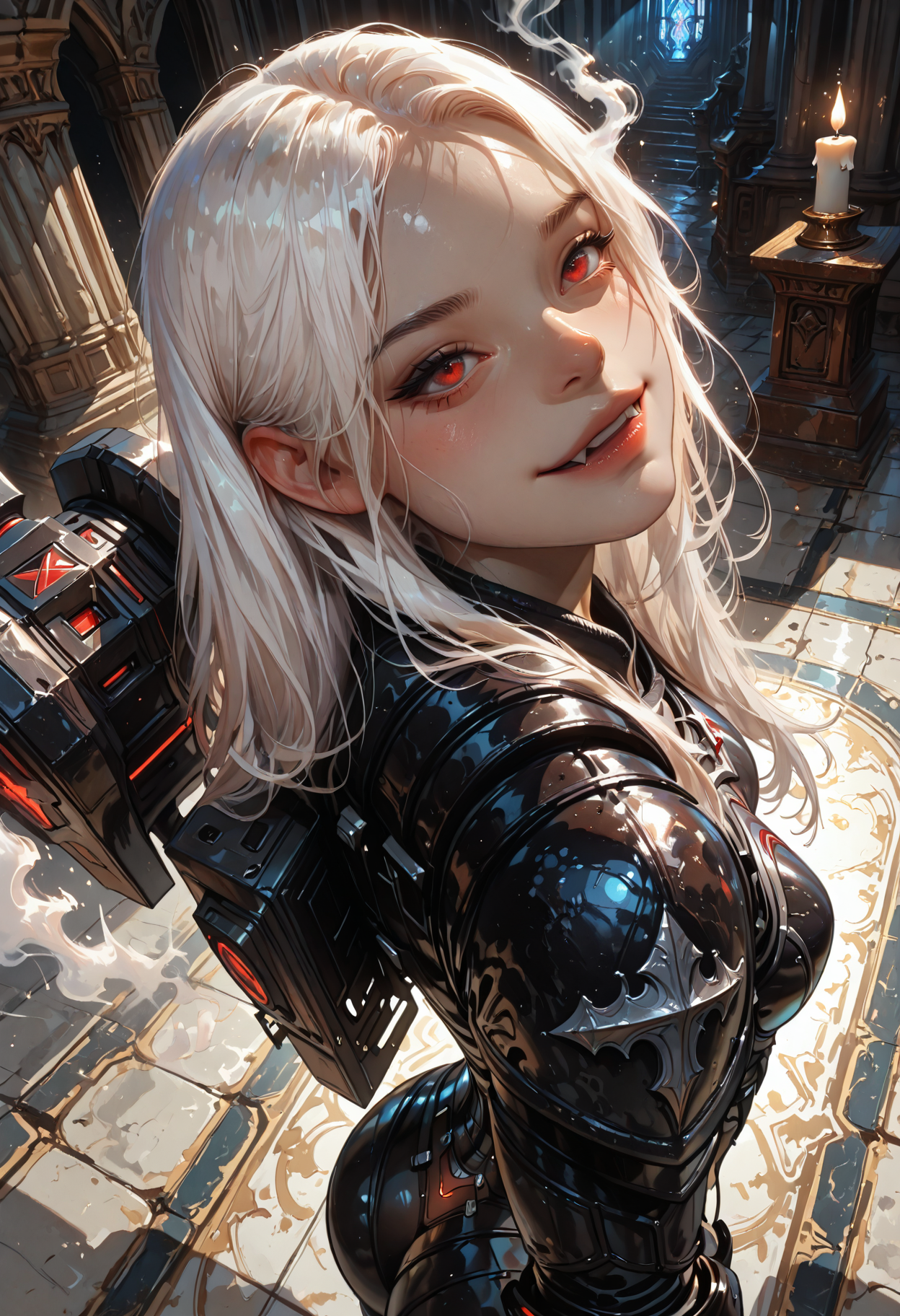 masterpiece, best quality,high quality, newest, highres,8K,HDR,absurdres, NightL40K, 1girl, power armor, solo, side view, close up, white hair, red eyes, fangs, smile, cathedral, grimdark, gothic, holding hammer, hammer, muscular, sexy, seductive, detailed background, candles, tomes, altar, dramatic lighting, glowing light, smoke, high contrast, intricate design, standing, close up, dutch angle, view from above, detailed textures, realistic style, anime influence, fantasy setting, heroic pose, fantasy character, detailed shading, dynamic lighting, high detail, fantasy art, digital painting, professional art, realistic proportions, fantasy genre, epic scene, atmospheric, intricate details
<lora:DetailedEyes_V3:1> <lora:USNR_STYLE_ILL_V1_lokr3:0.45> usnr <lora:ponyv6_noobV1_2_adamW:0.9> <lora:GENESIS_MK0.2:0.5>  <lora:KoreanStyleSDXLvpred10:1> AiKoreanStyle, lips, korean, asian <lora:KRGRL-IL:1>