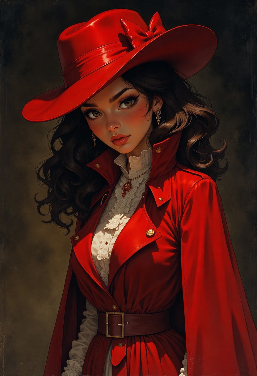 Rembrandt style, masterpiece iconic portrait of Carmen Sandiego, Latina, red hat, red trench coat,  serious expression, <lora:MysticXXX-V6:0.6>, <lora:test:0.8>, baroque, chiaroscuro, realistic, emotional, flat lighting, Studio Ghibli Dark Fairytale