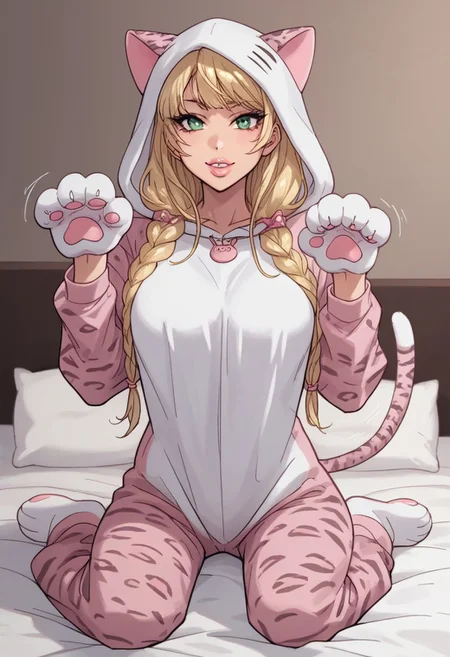 score_9, score_8_up, score_7_up, score_6_up, score_5_up, score_4_up, source_anime, masterpiece, kitty onesie, animal costume, hood, tail, solo, leopard print, cat costume, animal print, perfect face, perfect eyes, 4ng3l face, 1girl, sexy girl, (pouty lips), full lips, mai sakurajima, large breasts, braided pigtails, long hair, bangs, blonde, green eyes, looking at viewer, solo, sexy, glamor, sexy pose, flirty, seductive, seductive expression, horny, aroused, naughty face, motion lines, on bed, kneeling, cat paw hands, paw pose,