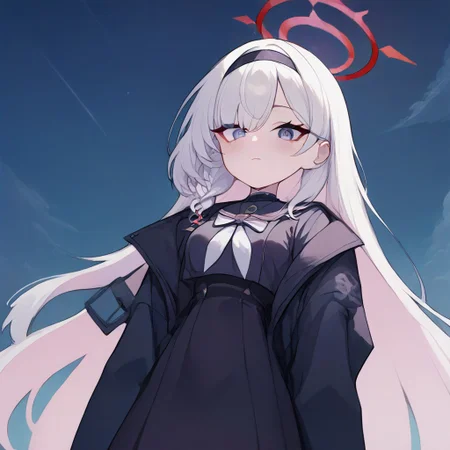 score_9, score_8_up, score_7_up, source_anime, anime screencap, masterpiece, expressive eyes, perfect face, night time, {plana, blue archive plana, halo, white hair, long hair, black sailor shirt, black skirt}, medium breasts, from below