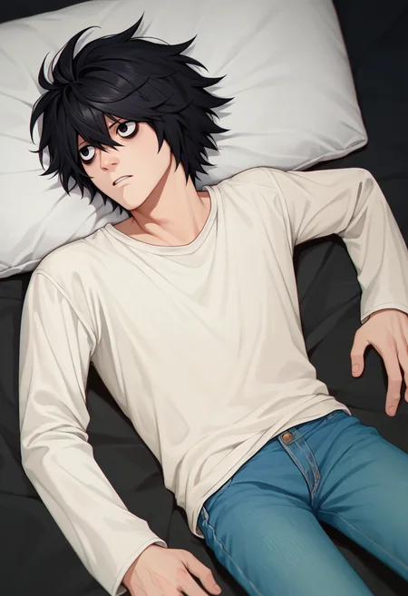score_9, score_8_up, score_7_up, 1boy, L, black hair, short hair, messy hair, black eyes, bags under eyes, white shirt, long sleeves, jeans, on back, <lora:L lawliet-000008:1>