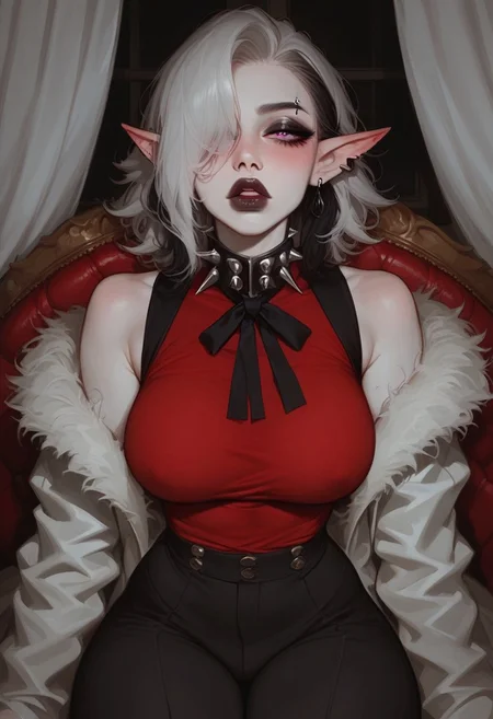 score_9, score_8_up, score_7_up, extremely detailed, sharp focus, HD, 1girl, solo, ((Very Pale skin)), Mature Woman, Thick body, (huge Natural breasts), very soft breasts, (big round bubble butt), thick thighs, skindentation, big pleading eyes, pursed lips, parted Lips, full lips, blush, Long pointy ears, goth, ((Medium Hair)), messy hair, Very Long bangs, (bangs covering one eye), (white Hair, black Highlights in hair), black Eyeshadow, black Lipstick, Purple eyes, inside, mafia House, White pillars, window in background, detailed Background, Sitting on Big Red Chair, studded collar, Boss bitch, Mafia Boss, ((Red tight Shirt)), (black vest), (tight black pants), stylish, arrogant, sexy, Front View (White coat around shoulders, fuzzy coat collar),