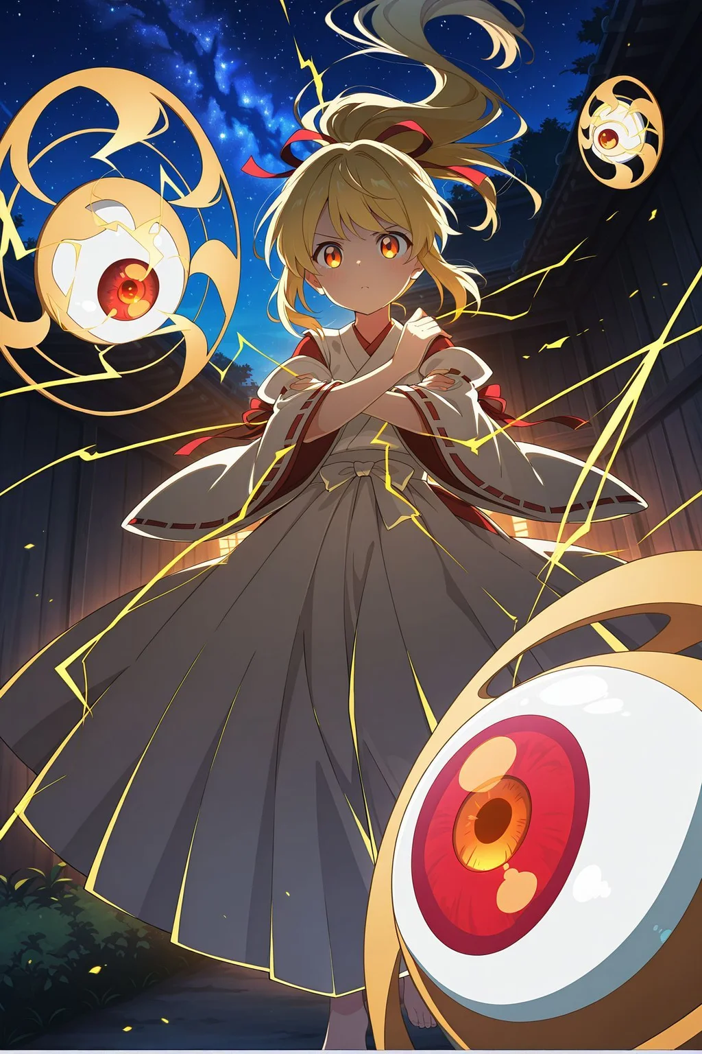 absurdres, highres, masterpiece, best quality, amazing quality, official anime artwork, screencap, anime screencap, dynamic pose, night, starry sky,
<lora:YuugenMagan_Illustrious:1> yuugenmagan, 1girl, solo, orange eyes, blonde hair, long hair, high ponytail, sidelocks,, hair ribbon, red ribbon, white kimono, long sleeves, wide sleeves, ribbon-trimmed sleeves, detached sleeves, white pants, barefoot, eyeball, electricity,