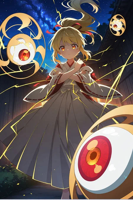 absurdres, highres, masterpiece, best quality, amazing quality, official anime artwork, screencap, anime screencap, dynamic pose, night, starry sky, 
 <lora:YuugenMagan_Illustrious:1> yuugenmagan, 1girl, solo, orange eyes, blonde hair, long hair, high ponytail, sidelocks,, hair ribbon, red ribbon, white kimono, long sleeves, wide sleeves, ribbon-trimmed sleeves, detached sleeves, white pants, barefoot, eyeball, electricity,