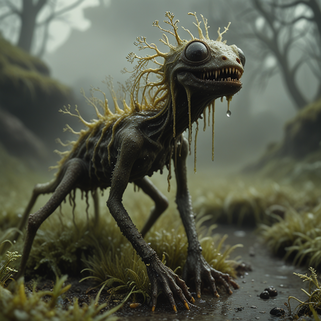 black and yellow PXDlichenmutant, wet, scary, toxic, hiding in grass, amazing nature, natural lighting, analog photo, detailed 4k, gothic creature, moss, stream, water, intricate image details, dripping water, haze, fog, low angle, mesh body, teeth,