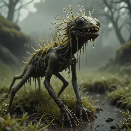 black and yellow PXDlichenmutant, wet, scary, toxic, hiding in grass, amazing nature, natural lighting, analog photo, detailed 4k, gothic creature, moss, stream, water, intricate image details, dripping water, haze, fog, low angle, mesh body, teeth,