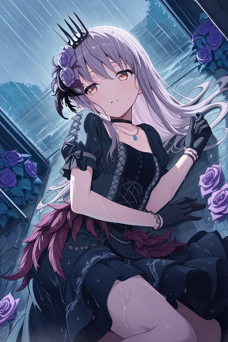 masterpiece, best quality, amazing quality,
 <lora:Yukina_IL:1> yukina, 1girl, rain, flower, dress, hair ornament, solo, crown, feathers, rose, jewelry, cross-laced clothes, gloves, hair flower, choker, lying, on side, necklace, purple flower