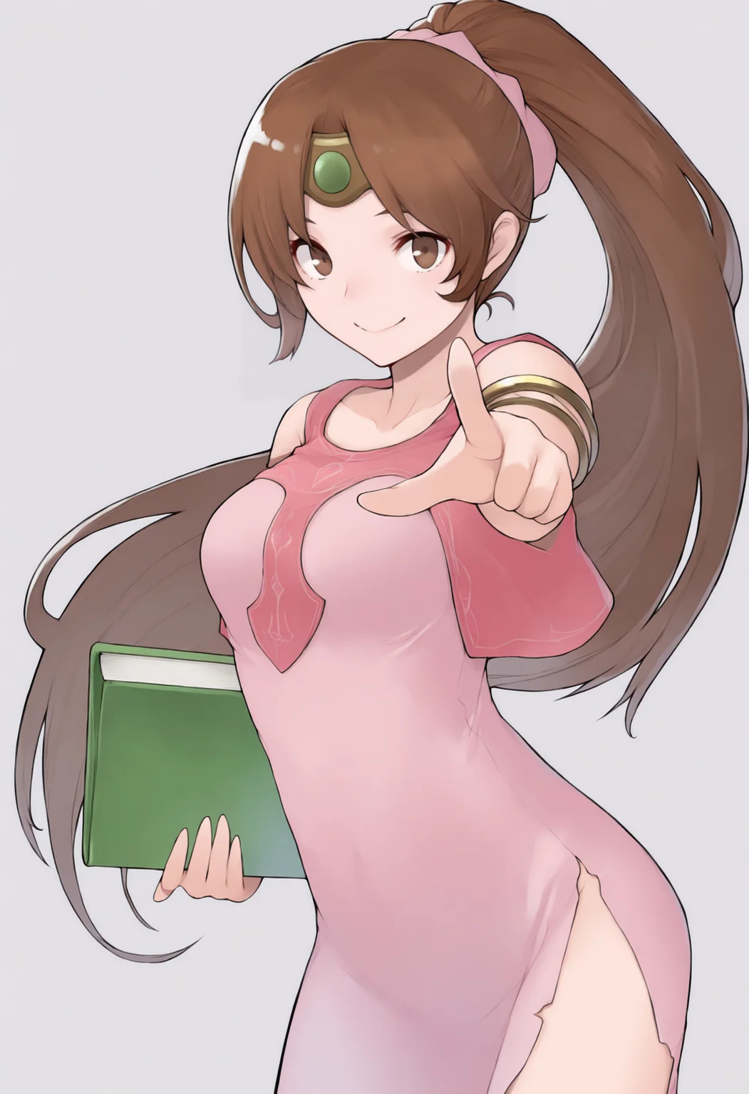 masterpiece, best quality, solo, 1girl, smile, looking at viewer, <lora:Yasuda-Suzuhito-illus_Fp:1>, simple background, <lora:Linde-illus_Fp:1>, lindefe1, brown hair, brown eyes, ponytail, circlet, pink dress, armlet, side slit, long hair, pointing at viewer, holding book, very long hair,