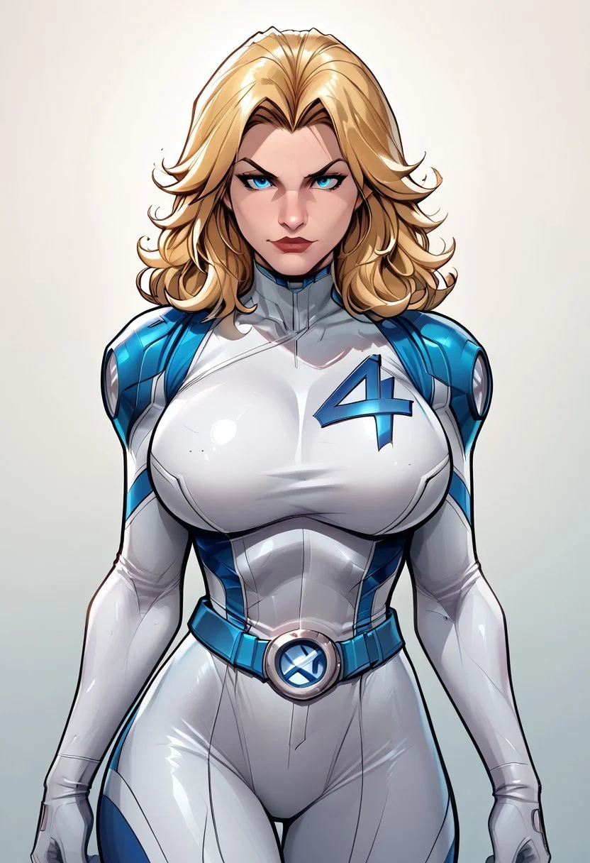 safe_pos, score_9, score_8_up, score_7_up, score_6_up, masterpiece, best quality, 1girl, sue storm, blonde hair, medium hair, blue eyes, white bodysuit, belt, zPDXL3, zPDXLxxx, <lora:easynegative:1>  solo, huge breasts, portrait, ,gradient background,