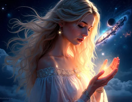 A breathtaking celestial maiden with flowing hair that cascades like a waterfall of light, each strand shimmering with the colors of the cosmos. Her ethereal beauty is highlighted by a soft, luminous glow that radiates from her porcelain-like skin, casting a gentle light on everything around her. Her expressive eyes are deep and mesmerizing, reflecting the stars and galaxies that surround her. She wears elegant robes that ripple and flow as if made from stardust, with intricate patterns woven into the fabric, glowing faintly. The background is a vast expanse of space, filled with vibrant nebulae, swirling galaxies, and twinkling stars, creating a magical atmosphere. Soft lighting and high contrast emphasize the details in her hair, robes, and delicate features. The illustration is a masterpiece of fantasy art, with shimmering effects that add to the sense of wonder and otherworldly beauty, all rendered in high resolution for stunning clarity.A delicate veil of light drapes over her, softening her appearance and blending her more into the cosmic backdrop.A soft aura of light surrounds her, blending her with the cosmic environment and enhancing her divine presence.A distant eclipse occurs in the background, with one celestial body passing in front of another, casting dramatic shadows.Fingers delicately moving as if weaving threads of light, eyes focused on the intricate patterns she’s creating.