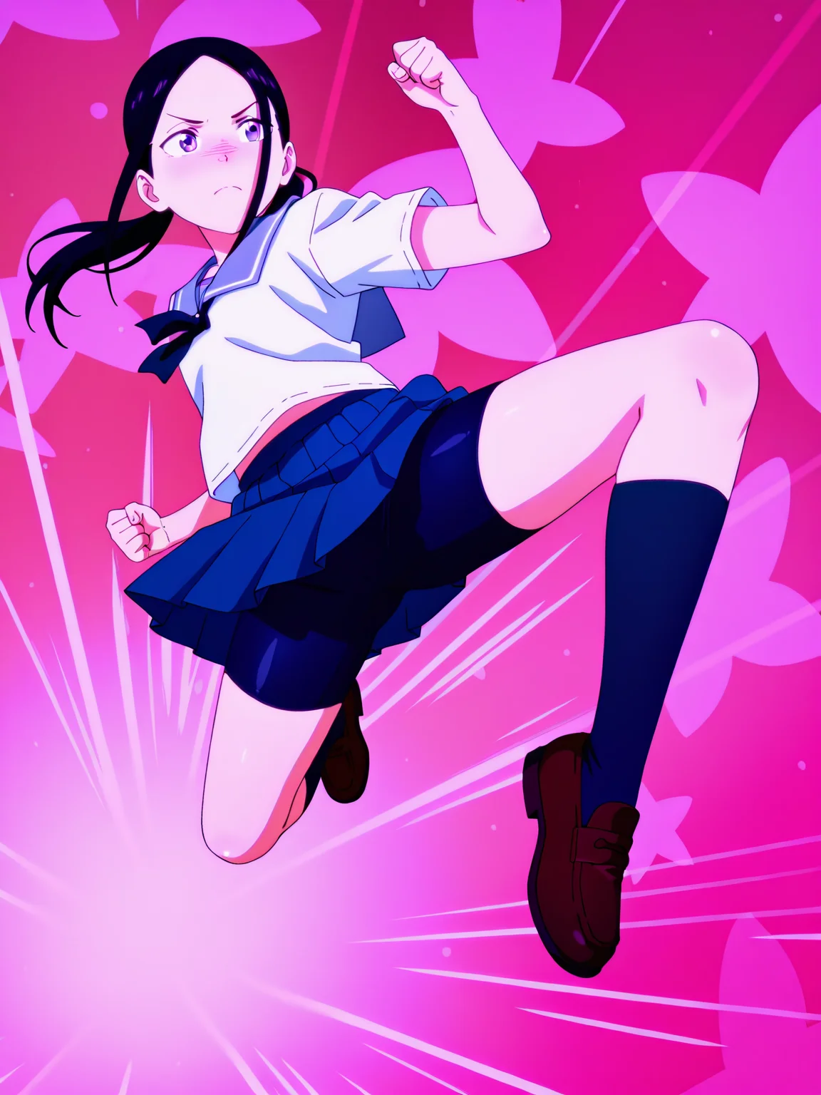 masterpiece, best quality, amazing quality, absurdres, newest, dynamic_angle, defined facial features, anime coloring, anime screencap, pinky background,
<lora:4in1_Chio_Manana_Yuki_Chiharu_ILv0a:0.8> m@nana n0nomura, school uniform, serafuku, blue pleated skirt, black ribbon, black long socks, brown loafers, full body, black bike shorts, air kick