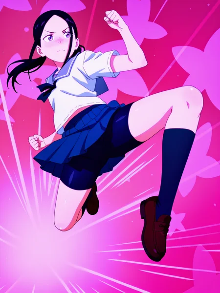 masterpiece, best quality, amazing quality, absurdres, newest, dynamic_angle, defined facial features, anime coloring, anime screencap, pinky background,
<lora:4in1_Chio_Manana_Yuki_Chiharu_ILv0a:0.8> m@nana n0nomura, school uniform, serafuku, blue pleated skirt, black ribbon, black long socks, brown loafers, full body, black bike shorts, air kick